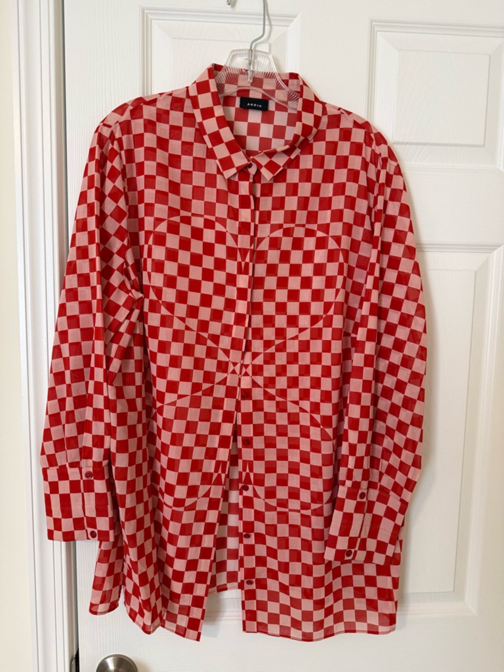 AKRIS Red & White Checkered Button-Up Blouse